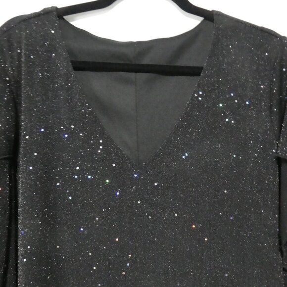 EARO | 1XL | Elegant Black Shimmer Knee Length Long Sleeve V-Neck Dress - Picture 4 of 16